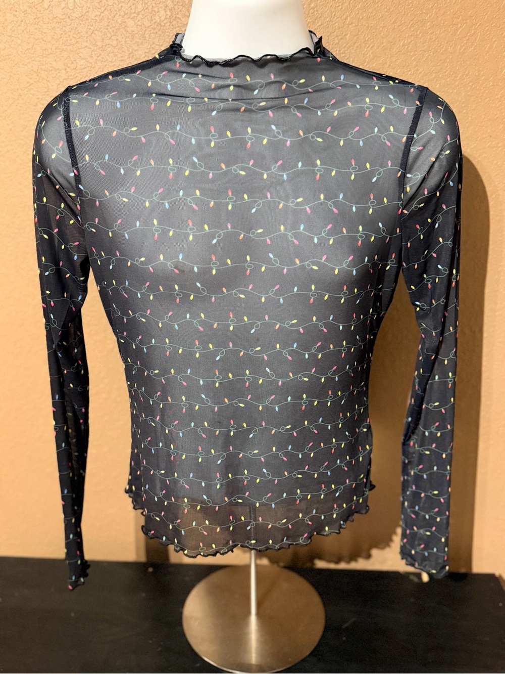 Sheer Black Long-Sleeve Mesh with Multicolor Light Print
